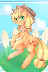 Size: 1181x1771 | Tagged: safe, artist:nitrogenowo, applejack, earth pony, pony, g4, bandana, cowboy hat, cute, female, fence, grass field, hat, jackabetes, looking at you, smiling, solo, stetson