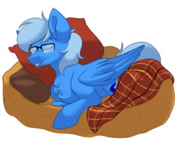 Size: 1200x1000 | Tagged: safe, artist:itstaylor-made, oc, oc only, oc:blue brush, pony, bed, blanket, fluffy, glasses, male, resting, sleeping, solo