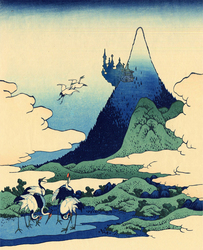 Size: 512x629 | Tagged: source needed, safe, artist:iisaw, bird, canterlot, canterlot mountain, crane, fine art parody, mountain, no pony, scenery, ukiyo-e, woodcut