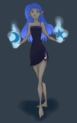 Size: 1024x1632 | Tagged: safe, artist:pwnyxpr3s5, princess luna, human, g4, barefoot, clothes, dress, elf ears, feet, female, humanized, magic, solo