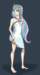 Size: 1024x1894 | Tagged: safe, artist:pwnyxpr3s5, princess celestia, human, g4, barefoot, clothes, dress, elf ears, feet, female, humanized, solo