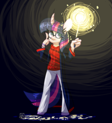 Size: 2000x2180 | Tagged: safe, artist:ogaraorcynder, twilight sparkle, anthro, g4, clothes, crossover, curved horn, female, glasses, harry potter (series), high res, horn, magic, magic wand, solo, wand