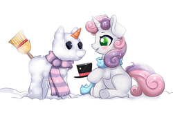 Size: 1500x1000 | Tagged: safe, artist:confetticakez, sweetie belle, pony, g4, blushing, broom, carrot, clothes, cute, diasweetes, female, food, hat, open mouth, pumkinroll is trying to murder us, scarf, simple background, sitting, smiling, snow, snowpony, solo, top hat, underhoof, white background