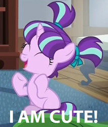 Size: 382x448 | Tagged: safe, starlight glimmer, pony, unicorn, g4, captain obvious, clapping, cute, eyes closed, female, filly, glimmerbetes, happy, i'm cute, open mouth, pigtails, sitting, smiling, solo, truth, underhoof