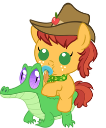 Size: 886x1067 | Tagged: safe, artist:red4567, gummy, half baked apple, pony, g4, apple family member, baby, baby pony, cute, pacifier, ponies riding gators, riding