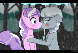 Size: 1024x702 | Tagged: dead source, safe, artist:oxana-ice-k-p, diamond tiara, silver spoon, earth pony, pony, g4, blushing, cute, duo, eyes closed, female, kiss on the lips, kissing, lesbian, older, older diamond tiara, older silver spoon, rain, romantic, ship:silvertiara, shipping, surprise kiss, surprised, umbrella, wet, wet mane