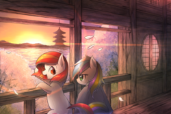 Size: 4134x2761 | Tagged: safe, artist:coma392, oc, oc only, oc:poniko, oc:rokuchan, earth pony, pony, cherry blossoms, crepuscular rays, duo, female, flower, high res, japan, japan ponycon, looking at you, looking back, looking back at you, mare, open mouth, pagoda, scenery, sunset, water, yukata