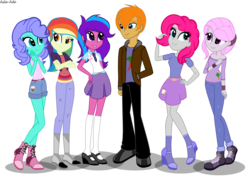 Size: 2708x1921 | Tagged: safe, artist:asika-aida, oc, oc only, oc:beryl (discoshy), oc:chaos control, oc:melody aurora, oc:pepper flake, oc:platinum royale, oc:sunlight dancer, hybrid, equestria girls, g4, boots, chaody, clothes, cute, equestria girls-ified, female, group, high heel boots, high heels, interspecies offspring, male, mary janes, offspring, pants, parent:cheese sandwich, parent:discord, parent:flash sentry, parent:fluttershy, parent:pinkie pie, parent:rainbow dash, parent:rarity, parent:soarin', parent:twilight sparkle, parents:canon x oc, parents:cheesepie, parents:discoshy, parents:flashlight, parents:soarindash, pleated skirt, shoes, shorts, skirt, smiling, socks, twins