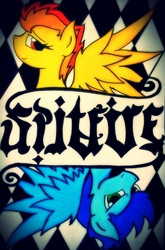 Size: 2008x3040 | Tagged: safe, artist:canvymamamoo, soarin', spitfire, pony, g4, ambigram, high res, implied soarinfire, male, ship:soarinfire, shipping, smiling, straight, traditional art