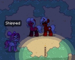 Size: 386x307 | Tagged: safe, oc, oc only, oc:i ship it, oc:tinder, oc:youtube red, pony, pony town, bow, clothes, hair bow, heart, shipper on deck, shipping, socks, stockings, striped socks