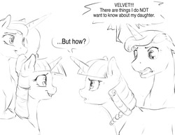 Size: 1280x989 | Tagged: safe, artist:silfoe, night light, princess luna, twilight sparkle, twilight velvet, alicorn, pony, other royal book, g4, black and white, dialogue, female, grayscale, lesbian, magical lesbian spawn, monochrome, offspring, parent:princess luna, parent:twilight sparkle, ship:twiluna, shipping, simple background, speech bubble, too much information, twilight sparkle (alicorn), white background