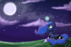 Size: 3000x2000 | Tagged: safe, artist:jagga-chan, princess luna, alicorn, pony, g4, female, folded wings, full moon, high res, looking away, looking up, mare, moon, night, night sky, outdoors, prone, solo, wings