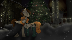 Size: 1920x1080 | Tagged: safe, artist:cottonaime, oc, oc only, oc:megan rouge, oc:novich, pegasus, pony, clothes, eyes closed, hug, love, male, megich, new year, night, romantic, scarf, smiling, snow, snowfall, socks, straight, winter, winter outfit