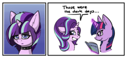 Size: 1280x585 | Tagged: safe, artist:duop-qoub, starlight glimmer, twilight sparkle, alicorn, pony, unicorn, g4, blushing, bust, chest fluff, choker, comic, dialogue, edgelight glimmer, embarrassed, emo, female, goth, grin, hilarious in hindsight, levitation, lidded eyes, magic, mare, nervous, nervous smile, portrait, punk, smiling, smuglight sparkle, teenage glimmer, teenager, telekinesis, twilight sparkle (alicorn), yearbook, yearbook photo