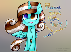 Size: 4099x3000 | Tagged: safe, artist:crystal1cesparkle, artist:playercreeps, oc, oc only, alicorn, pony, alicorn oc, chest fluff, dialogue, fusion, gradient background, heterochromia, high res, open mouth, solo, spread wings