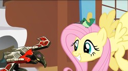 Size: 1148x644 | Tagged: safe, edit, edited screencap, screencap, fluttershy, hummingway, hummingbird, a bird in the hoof, g4, laserbeak, this will end in pain, this will end in tears, transformers
