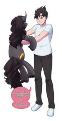 Size: 1965x3800 | Tagged: safe, artist:mylittlesheepy, oc, oc only, oc:golden jewel, oc:tobias, human, pony, cute, dialogue, heterochromia, holding a pony, nervous, non-mlp oc, simple background, smiling, transparent background