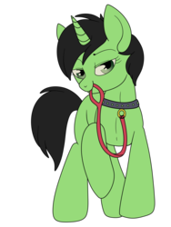 Size: 1500x1992 | Tagged: safe, artist:lulubell, edit, oc, oc only, oc:anon, oc:filly anon, pony, unicorn, bedroom eyes, collar, female, filly, horny, implied foalcon, leash, looking at you, pet play, race swap, recolor, simple background, solo, transparent background