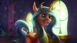 Size: 3840x2160 | Tagged: safe, artist:starblaze25, queen chrysalis, changedling, changeling, changeling queen, g4, to where and back again, female, fluffy, frown, good, high res, lidded eyes, nose wrinkle, open mouth, purified chrysalis, scenery, solo, teeth, tongue out, what if