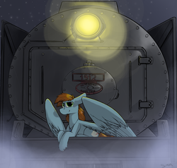 Size: 2733x2603 | Tagged: safe, artist:sinrar, oc, oc only, oc:sorren, pegasus, pony, engineer, high res, jewelry, locomotive, necklace, night, smiling, solo, stars, steam, steam engine, steampunk, train, wings