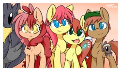 Size: 2020x1180 | Tagged: safe, artist:dshou, oc, oc only, oc:cutlass, oc:feather tip, oc:maia star, oc:shooting star, ferret, griffon, chest fluff, griffon oc, group, hat, looking at you, smiling