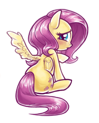Size: 762x950 | Tagged: safe, artist:mcponyponypony, fluttershy, g4, blushing, embarrassed, female, looking at you, looking back, raised hoof, rear view, simple background, sitting, solo, white background