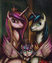 Size: 791x953 | Tagged: safe, artist:jowyb, princess cadance, princess flurry heart, shining armor, g4, season 6, blushing, family photo, majestic, open mouth, royal family, smiling, spread wings