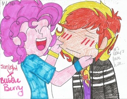 Size: 1024x798 | Tagged: safe, artist:xxfluffypachirisuxx, pinkie pie, sunset shimmer, human, equestria girls, g4, adoraberry, blushing, bubble berry, bubbleglare, cheek pinch, cute, equestria guys, gay, glarabetes, humanized, kissing, male, rule 63, rule63betes, ship:sunsetpie, shipping, sunset glare, traditional art, upset