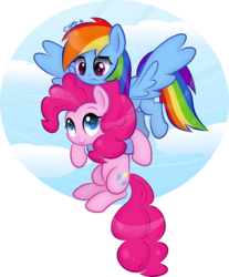 Size: 699x845 | Tagged: safe, artist:ctb-36, pinkie pie, rainbow dash, earth pony, pegasus, pony, g4, female, flying, holding a pony, looking at each other, mare, smiling, spread wings, unamused, wings