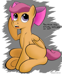 Size: 2000x2400 | Tagged: safe, artist:riscke, scootaloo, g4, somepony to watch over me, accessory swap, apple bloom's bow, bow, dialogue, female, hair bow, high res, open mouth, solo