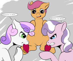 Size: 2400x2000 | Tagged: safe, artist:riscke, diamond tiara, scootaloo, sweetie belle, g4, dialogue, female, high res, lesbian, love triangle, missing accessory, open mouth, ship:scootabelle, ship:scootiara, shipping, speech bubble, valentine's day