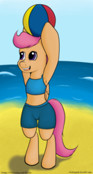 Size: 1344x2500 | Tagged: safe, artist:riscke, scootaloo, pony, g4, armpits, ball, beach, beach ball, bipedal, clothes, female, midriff, open mouth, solo, sports bra