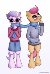 Size: 1620x2400 | Tagged: safe, artist:riscke, diamond tiara, scootaloo, earth pony, pegasus, pony, semi-anthro, g4, bipedal, blushing, clothes, missing accessory, scarf, shared clothing, shared scarf, ship:scootiara, shipping, snow