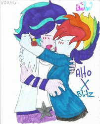 Size: 1024x1269 | Tagged: safe, artist:xxfluffypachirisuxx, aria blaze, rainbow dash, equestria girls, g4, equestria guys, gay, grandiosoblitz, humanized, kissing, male, ouvertis grandioso, rainbow blitz, rule 63, ship:ariadash, shipping, traditional art