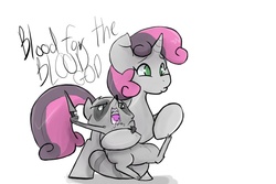 Size: 1500x1000 | Tagged: safe, artist:^:3, sweetie belle, pony, raccoon, unicorn, g4, blood for the blood god, knife