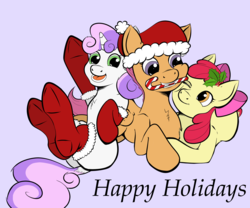 Size: 2400x2000 | Tagged: safe, artist:riscke, apple bloom, scootaloo, sweetie belle, earth pony, pegasus, pony, unicorn, g4, blank flank, bow, candy, candy cane, christmas, clothes, cute, cutie mark crusaders, dock, female, filly, foal, food, hair bow, happy holidays, hat, high res, holly, looking at you, one eye closed, open mouth, purple background, santa hat, simple background, smiling, smiling at you, stockings, text, trio, trio female