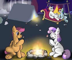 Size: 2400x2000 | Tagged: safe, artist:riscke, rainbow dash, rarity, scootaloo, sweetie belle, g4, alcohol, blushing, campfire, camping, drunk, drunk rarity, drunker dash, ear fluff, eating, food, high res, marshmallow, wine, wing hands