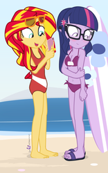 Size: 625x1000 | Tagged: safe, artist:dm29, sci-twi, sunset shimmer, twilight sparkle, equestria girls, g4, my little pony equestria girls: friendship games, barefoot, beach, belly button, bikini, blushing, clothes, down under summer, duo, feet, one-piece swimsuit, phone, sandals, surfboard, swimsuit