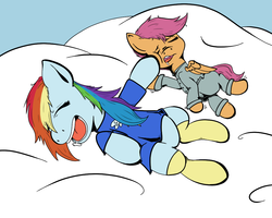 Size: 1000x800 | Tagged: safe, artist:riscke, rainbow dash, scootaloo, g4, bottomless, clothes, cloud, cute, drool, open mouth, pajamas, sleeping, snoring, socks