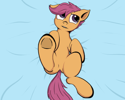 Size: 1000x800 | Tagged: safe, artist:riscke, scootaloo, g4, belly, female, on back, solo