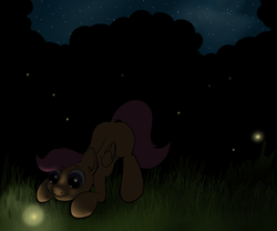 Size: 2400x2000 | Tagged: safe, artist:riscke, scootaloo, firefly (insect), g4, dark, face down ass up, female, high res, looking at something, night, solo