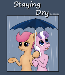 Size: 2500x2900 | Tagged: safe, artist:riscke, diamond tiara, scootaloo, comic:staying dry, g4, comic, cover art, high res, open mouth, rain, umbrella