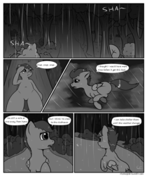 Size: 2100x2500 | Tagged: safe, artist:riscke, scootaloo, pony, comic:staying dry, g4, bipedal, comic, dialogue, high res, monochrome, rain, speech bubble, wet