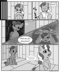 Size: 2100x2500 | Tagged: safe, artist:riscke, diamond tiara, scootaloo, comic:staying dry, g4, comic, dialogue, high res, monochrome, open mouth, speech bubble, surprised, wet