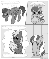 Size: 2100x2500 | Tagged: safe, artist:riscke, big macintosh, diamond tiara, scootaloo, earth pony, pony, comic:staying dry, g4, comic, dialogue, facehoof, glasses, high res, male, monochrome, open mouth, shaking, speech bubble, stallion, thought bubble, wet