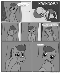 Size: 2100x2500 | Tagged: safe, artist:riscke, diamond tiara, scootaloo, comic:staying dry, g4, comic, crying, dialogue, fear of thunder, high res, laughing, monochrome, open mouth, scared, speech bubble, tears of fear, tears of laughter, thunder