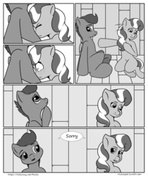 Size: 2100x2500 | Tagged: safe, artist:riscke, diamond tiara, scootaloo, comic:staying dry, g4, blushing, comic, dialogue, high res, monochrome, open mouth, speech bubble