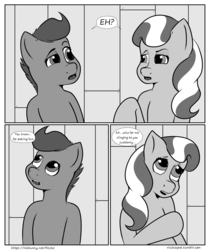 Size: 2100x2500 | Tagged: safe, artist:riscke, diamond tiara, scootaloo, comic:staying dry, g4, comic, dialogue, high res, monochrome, open mouth, speech bubble