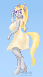 Size: 555x1000 | Tagged: safe, artist:weasselk, oc, oc only, anthro, big breasts, breasts, clothes, commission, dress, female, huge breasts, implied tail hole, looking at you, looking back, smiling, tail