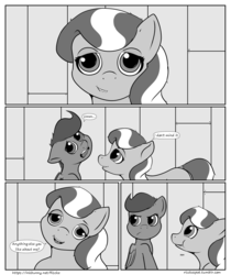 Size: 2100x2500 | Tagged: safe, artist:riscke, diamond tiara, scootaloo, earth pony, pegasus, semi-anthro, comic:staying dry, g4, comic, dialogue, dock, duo, duo female, female, filly, foal, head tilt, high res, lip bite, missing accessory, monochrome, open mouth, speech bubble